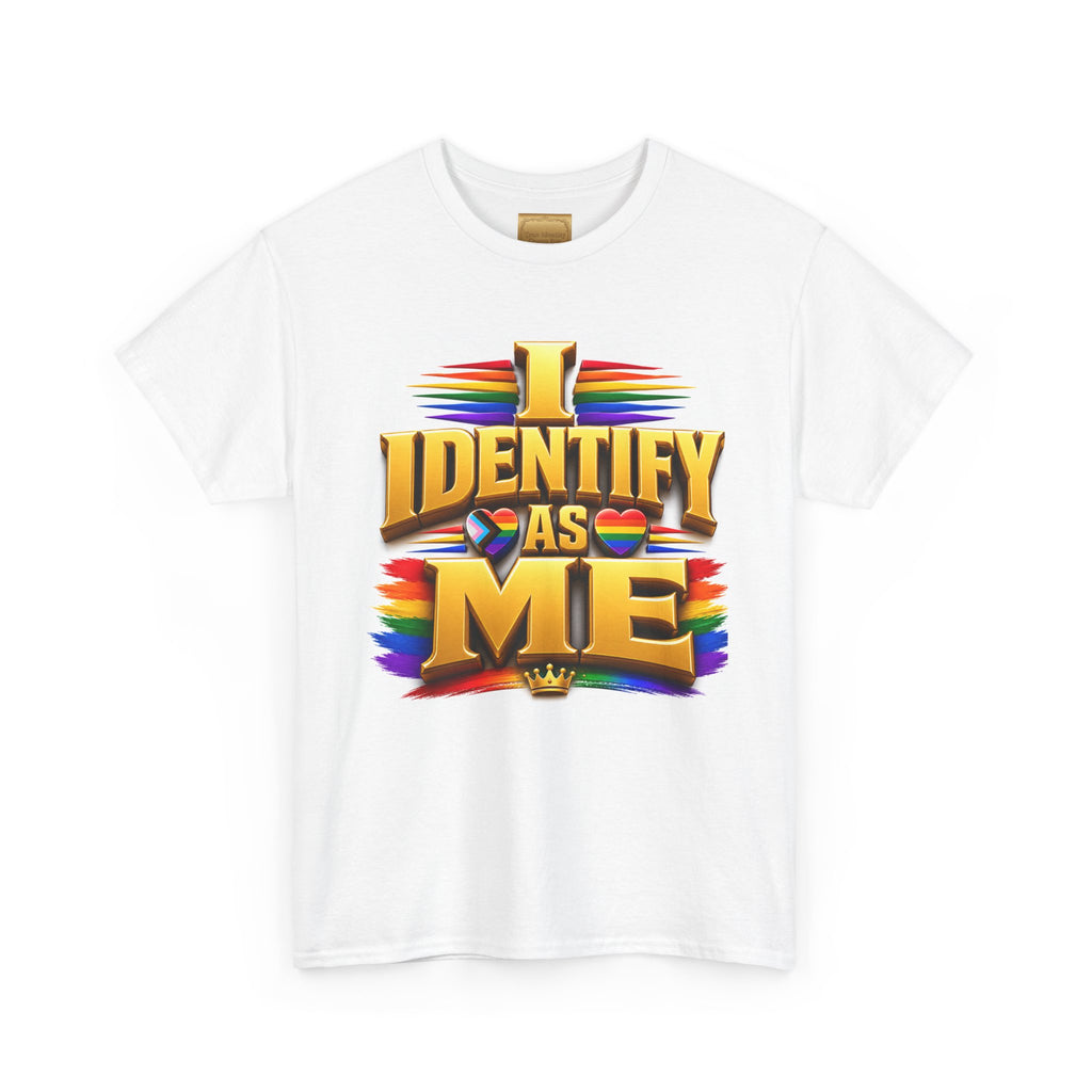 Unisex Heavy Cotton Tee in white with bold rainbow 'IDENTITY' graphic; 100% cotton, seamless body.