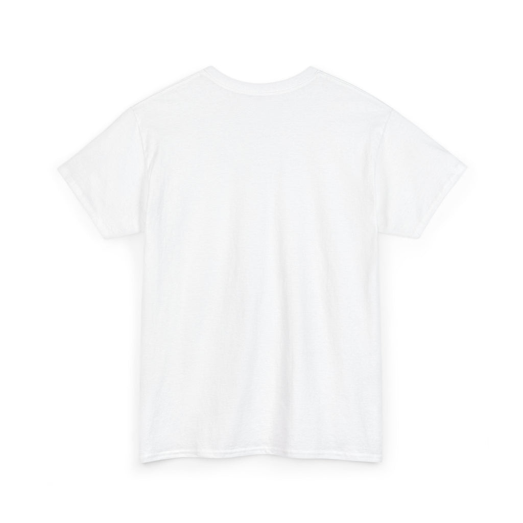 White unisex heavy cotton tee back view; 100% cotton with seamless body for a smooth fit.
