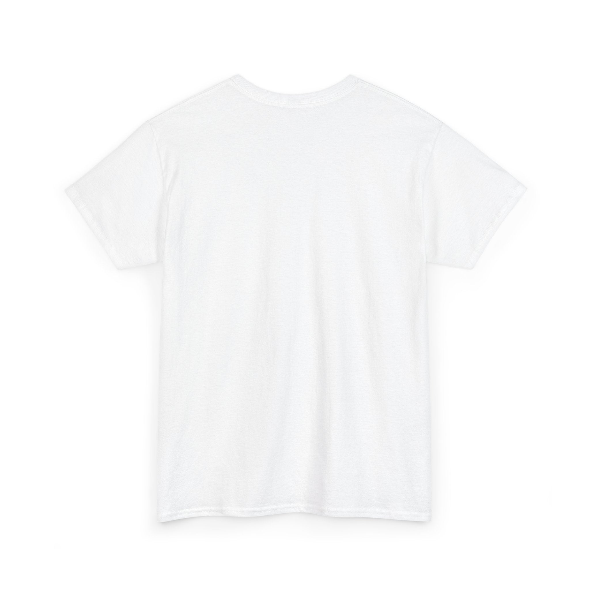 White unisex heavy cotton tee back view; 100% cotton with seamless body for a smooth fit.